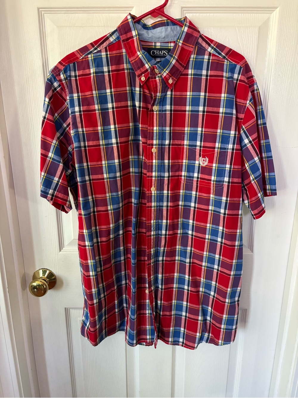 Chaps Red Plaid Button-Down Short Sleeve Shirt